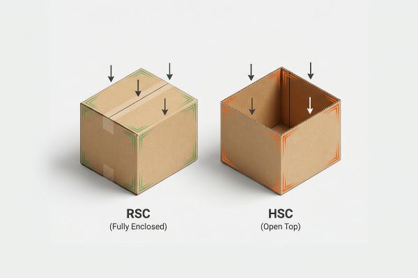 Rsc Hsc Load Distribution Two corrugated boxes, an RSC (Fully Enclosed) and an HSC (Open Top), showing top-load compression strength and structural differences.
