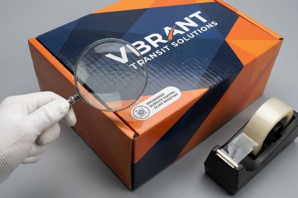 Engineered Surface Coating Inspection White-gloved hand magnifies a Vibrant Transit Solutions box, highlighting its Engineered Surface Coating - Scuff Resistant label.