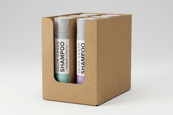 Corrugated Shampoo Display Tray Brown corrugated cardboard retail display tray holding Salon Grade Shampoo - Premium Formula bottles with teal and purple labels.