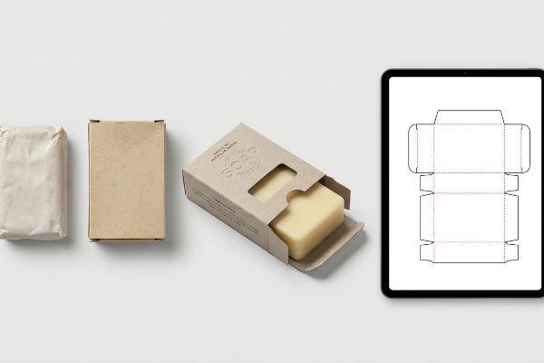 Soap Packaging Die Line Evolution Various stages of natural soap packaging, including a wrapped bar, a kraft paper box, an open box with '100% Natural Soap', and a tablet displaying a CAD die-line.