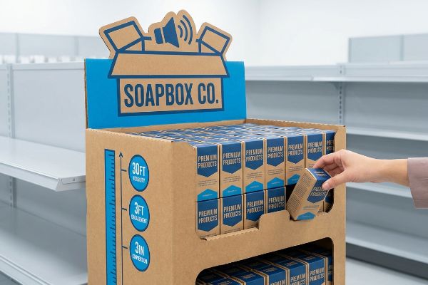 3 3 3 Spatial Engagement Graphic Brown cardboard Soapbox Co. display with 'Premium Products' and 3-3-3 Spatial Engagement Rule graphics.