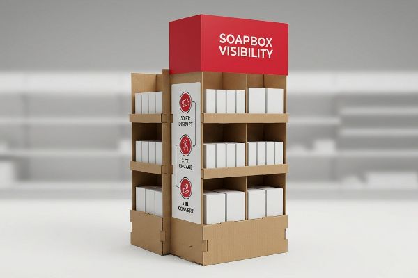 Corrugated Soapbox Display 3 3 3 Corrugated floor display, red 'Soapbox Visibility' header, '3-3-3 Engagement Rule' graphic, stocked with white product boxes.