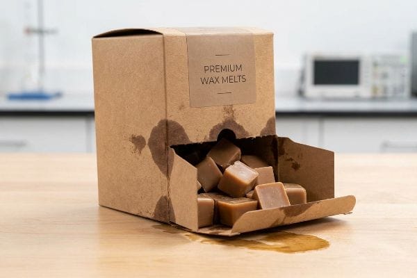Solvent Damaged Wax Melts Spill Porous kraft paperboard box with 'Premium Wax Melts' label, exhibiting solvent stains and spilled wax melts.