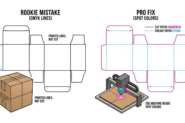 Illustration contrasting Rookie Mistake CMYK Lines, which result in Printed Lines, Not Cut, with Pro Fix Spot Colors, showing Magenta Cut Paths and Cyan Crease Paths for CNC machine processing.
