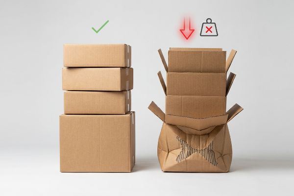 Corrugated Stack Crushing Failure Stable stack of four corrugated boxes with a green checkmark contrasts a crushed stack, showing packaging integrity failure.