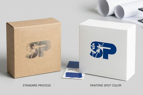 Brown kraft box with a grainy Standard Process SP logo contrasted with a white box featuring a crisp Pantone Spot Color SP logo and a Pantone 286 C swatch.
