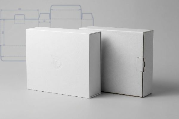 Straight-Tuck Box Dieline Seamless white straight-tuck box with embossed logo, beside a white reverse-tuck carton and packaging dieline.