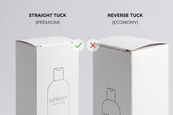 Two white cardboard boxes compare Straight Tuck (Premium) with a green checkmark to Reverse Tuck (Economy) with a red cross, both featuring Luxury Hair Care branding.