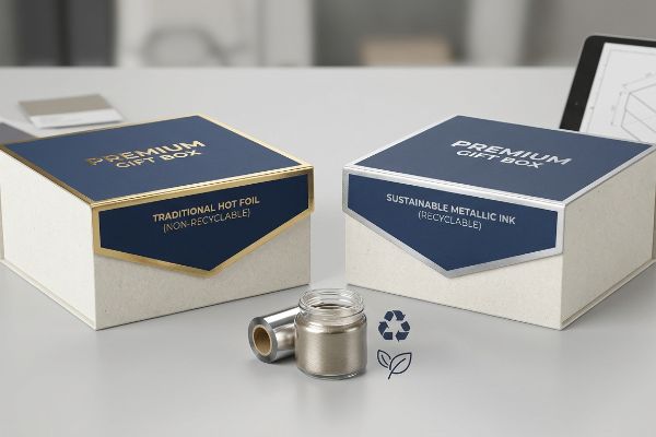 Sustainable Ink Hot Foil Premium gift boxes: traditional hot foil (non-recyclable) vs. sustainable metallic ink (recyclable), with foil and ink.