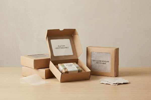 Pla Film Cellulose Window Eco-friendly kraft gift boxes with windows, one open showing 'Pla Film - Biodegradable', another closed with 'Cellulose Window - Recyclable'.