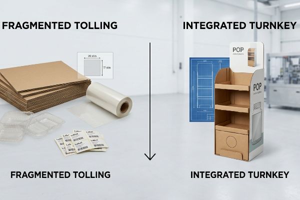 Corrugated cardboard, plastic film, labels for Fragmented Tolling, contrasted with Integrated Turnkey Pop display and blueprint.