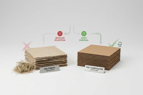 Untraced Bio Fibers Fsc Compliance Untraced Bio-Fibers leading to Retailer Rejection, contrasted with FSC Corrugated (Certified) ensuring Audit Survival.