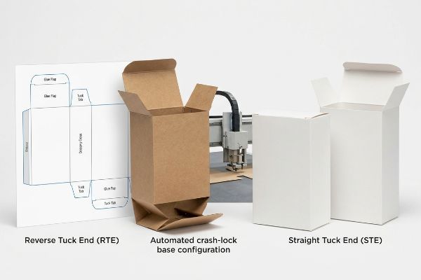 Rte Ste Crash Lock Dieline Brown kraft Reverse Tuck End (RTE) box, white Straight Tuck End (STE) cartons, and a flat dieline, with an automated crash-lock base and cutting machine.