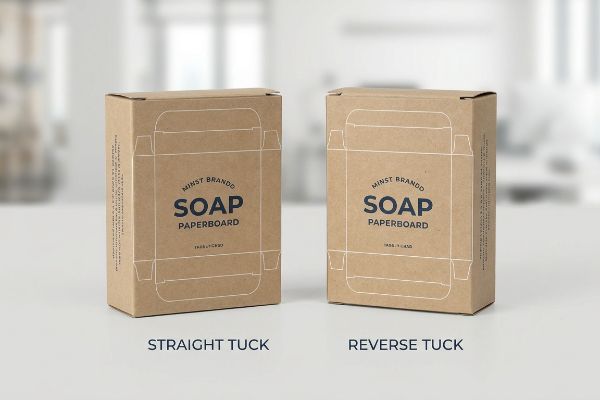 Brown paperboard Minst Brando Soap boxes, featuring Straight Tuck and Reverse Tuck folding carton designs with dielines.