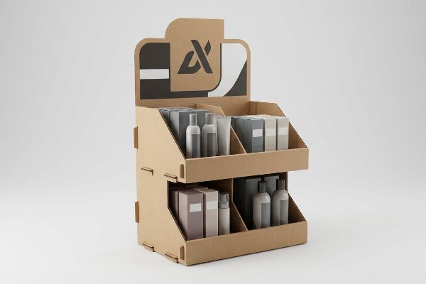 Corrugated cardboard two-tiered retail merchandiser with product mockups and a stylized black logo header.
