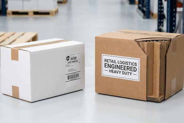 Una caja blanca de UPS Parcel junto a una caja de cartón corrugado marrón con la etiqueta "Retail Logistics Engineered Heavy Duty", que deja ver su estructura de doble pared.