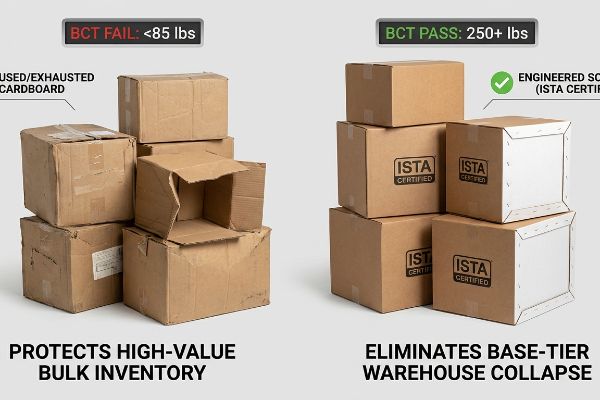 Ergebnisse des BCT-Kompressionstests BCT nicht bestanden: <85 lbs für gebrauchte, abgenutzte Kartons; BCT bestanden: 250+ lbs für neue, ISTA-zertifizierte Wellpappkartons.