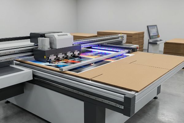 A large UV flatbed digital printer applies vibrant graphics directly onto corrugated board, utilizing instant UV light curing.