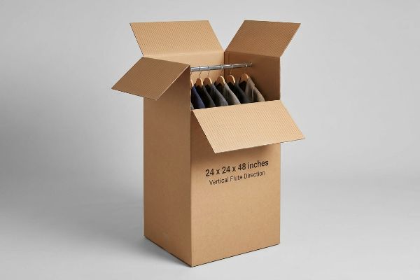 Vertical Flute Direction Wardrobe Box Brown corrugated wardrobe box with a metal hanging bar holding garments, displaying "24 x 24 x 48 inches" and "Vertical Flute Direction".