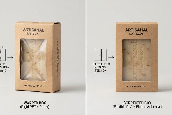 3 04mm Bow Pla Adhesive Fix Warped Artisanal Bar Soap box (Rigid PET, 3.04mm bow) vs. corrected (Flexible PLA, elastic adhesive) with neutralized surface tension.