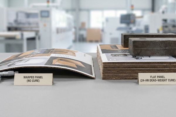 Dead Weight Cure Comparison A visibly warped corrugated panel (No Cure) contrasts with a stack of flat panels under 24-Hr Dead-Weight Cure, showcasing litho-lamination.