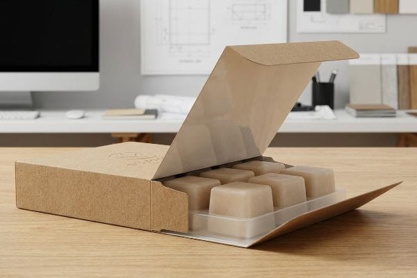 Open Kraft 12 Wax Melts Open kraft paperboard box with 12 square wax melts in a clear plastic tray on a wooden desk, showcasing solvent barrier packaging.