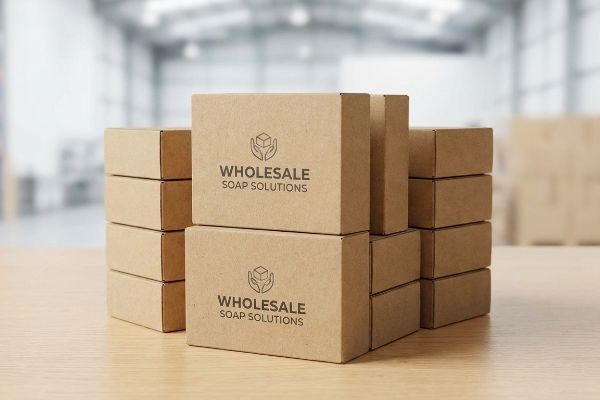 Wholesale Soap Boxes Stacked Multiple brown cardboard boxes, branded 'Wholesale Soap Solutions', are neatly stacked on a wooden surface in a blurred warehouse setting, ready for shipping.