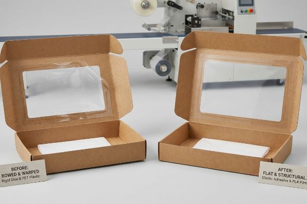 Window Box Bowed Flat Kraft paper window boxes: 'Bowed & Warped' (Rigid Glue, PET Plastic) vs. 'Flat & Structural' (Elastic Adhesive, PLA Film).
