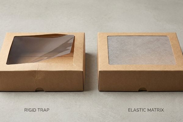 Brown kraft gift boxes: 'Rigid Trap' with warped plastic window vs. 'Elastic Matrix' with flat cellulose window.